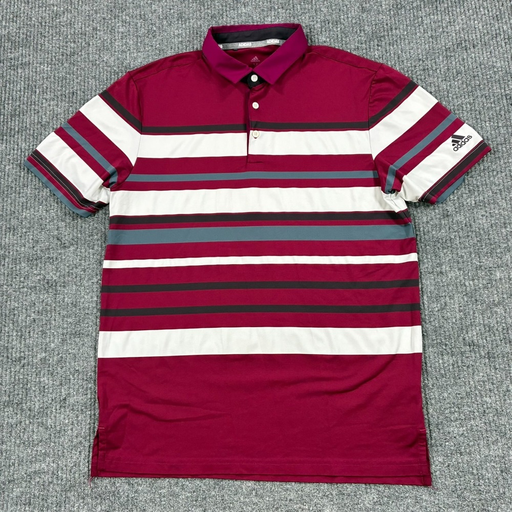 Adidas Mens Golf Polo Shirt M Burgundy Striped Performance Short Sleeve